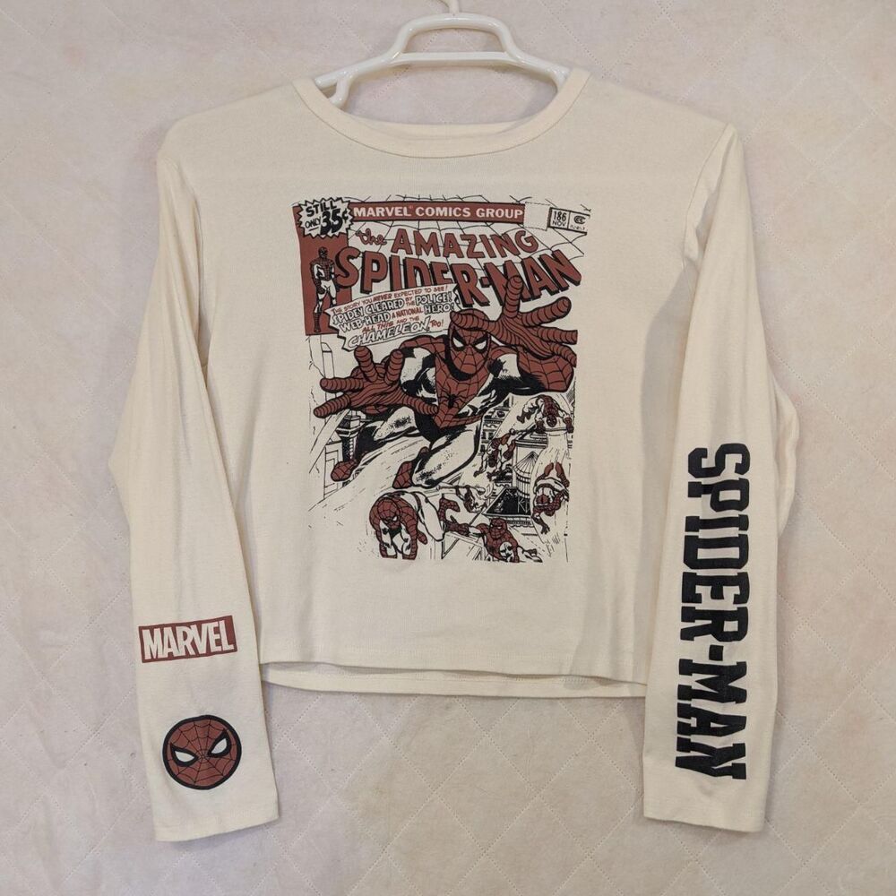 Marvel Women's White and Cream Ribbed Long Sleeve T-shirt